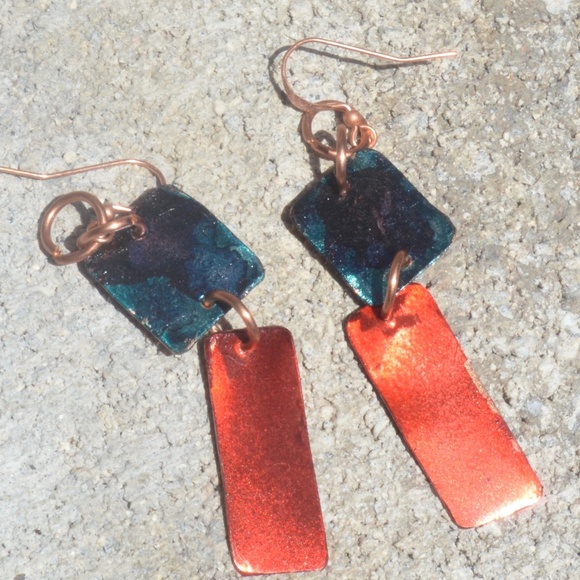 Modernist Abstract Geometric Red Blue Dangle Pure Copper Earrings Handmade Drop - Picture 2 of 5